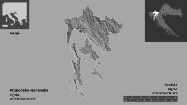 Hırvatistan 'ın Primorsko-Goranska ilçesi ve başkenti. Uzaklık ölçeği, ön gösterimler ve etiketler. Çift seviyeli yükseklik haritası. 3B görüntüleme