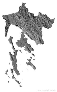 Hırvatistan 'ın Primorsko-Goranska ilçesinin başkenti beyaz arka planda izole edilmiştir. Çift seviyeli yükseklik haritası. 3B görüntüleme