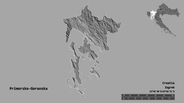 Hırvatistan 'ın Primorsko-Goranska ilçesinin başkenti sağlam bir zemin üzerinde izole edilmiştir. Uzaklık ölçeği, bölge önizlemesi ve etiketleri. Çift seviyeli yükseklik haritası. 3B görüntüleme