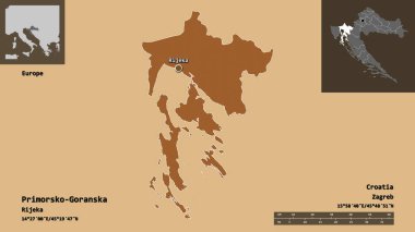 Hırvatistan 'ın Primorsko-Goranska ilçesi ve başkenti. Uzaklık ölçeği, ön gösterimler ve etiketler. Desenli dokuların bileşimi. 3B görüntüleme