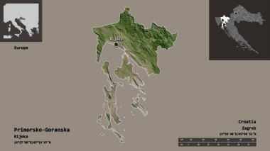Hırvatistan 'ın Primorsko-Goranska ilçesi ve başkenti. Uzaklık ölçeği, ön gösterimler ve etiketler. Uydu görüntüleri. 3B görüntüleme