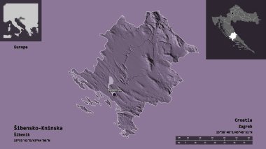 Hırvatistan 'ın Sibensko-Kninska ilçesi ve başkenti. Uzaklık ölçeği, ön gösterimler ve etiketler. Renkli yükseklik haritası. 3B görüntüleme