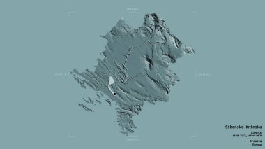 Hırvatistan 'ın Sibensko-Kninska ilçesi bölgesi, bir sınır kutusunda sağlam bir zemin üzerinde izole edilmiş durumda. Etiketler. Renkli yükseklik haritası. 3B görüntüleme