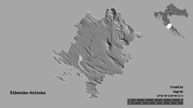 Hırvatistan 'ın Sibensko-Kninska ilçesinin başkenti sağlam bir zemin üzerinde izole edilmiştir. Uzaklık ölçeği, bölge önizlemesi ve etiketleri. Çift seviyeli yükseklik haritası. 3B görüntüleme