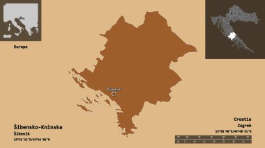 Hırvatistan 'ın Sibensko-Kninska ilçesi ve başkenti. Uzaklık ölçeği, ön gösterimler ve etiketler. Desenli dokuların bileşimi. 3B görüntüleme