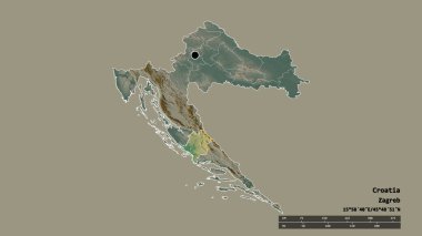 Hırvatistan 'ın başkenti, ana bölgesel bölünmesi ve bölünmüş Sibensko-Kninska bölgesiyle dejenere durumdaki hali. Etiketler. Topografik yardım haritası. 3B görüntüleme