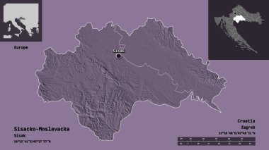 Hırvatistan 'ın Sisacko-Moslavacka ilçesi ve başkenti. Uzaklık ölçeği, ön gösterimler ve etiketler. Renkli yükseklik haritası. 3B görüntüleme