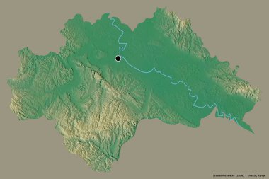 Hırvatistan 'ın Sisacko-Moslavacka ilçesinin başkenti sağlam bir renk arkaplanına sahip. Topografik yardım haritası. 3B görüntüleme