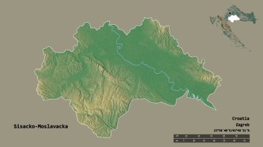 Hırvatistan 'ın Sisacko-Moslavacka ilçesinin başkenti sağlam bir zemin üzerinde izole edilmiştir. Uzaklık ölçeği, bölge önizlemesi ve etiketleri. Topografik yardım haritası. 3B görüntüleme