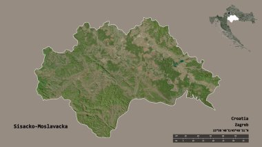 Hırvatistan 'ın Sisacko-Moslavacka ilçesinin başkenti sağlam bir zemin üzerinde izole edilmiştir. Uzaklık ölçeği, bölge önizlemesi ve etiketleri. Uydu görüntüleri. 3B görüntüleme