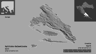 Hırvatistan 'ın Splitsko-Dalmatinska ilçesi ve başkenti. Uzaklık ölçeği, ön gösterimler ve etiketler. Çift seviyeli yükseklik haritası. 3B görüntüleme