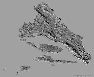 Hırvatistan 'ın Splitsko-Dalmatinska ilçesinin başkenti sağlam bir renk arkaplanına sahip. Çift seviyeli yükseklik haritası. 3B görüntüleme