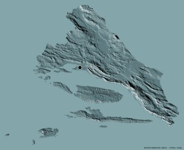 Hırvatistan 'ın Splitsko-Dalmatinska ilçesinin başkenti sağlam bir renk arkaplanına sahip. Renkli yükseklik haritası. 3B görüntüleme