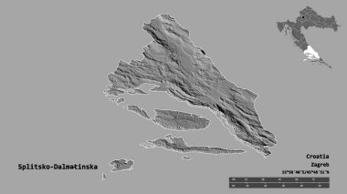 Hırvatistan 'ın Splitsko-Dalmatinska ilçesinin başkenti sağlam bir zemin üzerinde izole edilmiştir. Uzaklık ölçeği, bölge önizlemesi ve etiketleri. Çift seviyeli yükseklik haritası. 3B görüntüleme