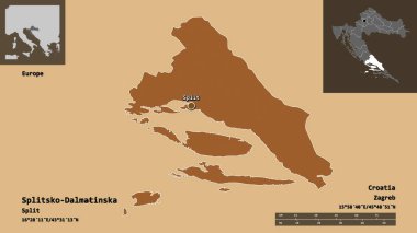 Hırvatistan 'ın Splitsko-Dalmatinska ilçesi ve başkenti. Uzaklık ölçeği, ön gösterimler ve etiketler. Desenli dokuların bileşimi. 3B görüntüleme
