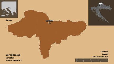 Hırvatistan 'ın Varazdinska ilçesi ve başkenti. Uzaklık ölçeği, ön gösterimler ve etiketler. Desenli dokuların bileşimi. 3B görüntüleme