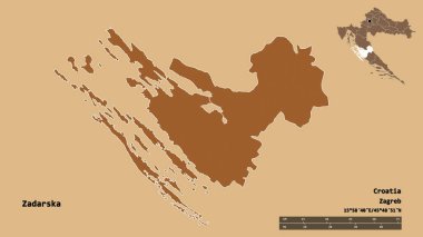 Hırvatistan 'ın Zadarska ilçesinin başkenti sağlam bir zemin üzerinde izole edilmiştir. Uzaklık ölçeği, bölge önizlemesi ve etiketleri. Desenli dokuların bileşimi. 3B görüntüleme
