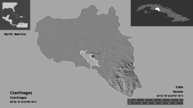 Cienfuegos 'un şekli, Küba eyaleti ve başkenti. Uzaklık ölçeği, ön gösterimler ve etiketler. Çift seviyeli yükseklik haritası. 3B görüntüleme
