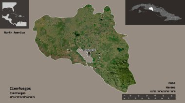 Cienfuegos 'un şekli, Küba eyaleti ve başkenti. Uzaklık ölçeği, ön gösterimler ve etiketler. Uydu görüntüleri. 3B görüntüleme