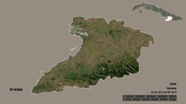 Büyük annenin şekli, Küba eyaleti, başkenti sağlam bir zemin üzerinde izole edilmiş. Uzaklık ölçeği, bölge önizlemesi ve etiketleri. Uydu görüntüleri. 3B görüntüleme
