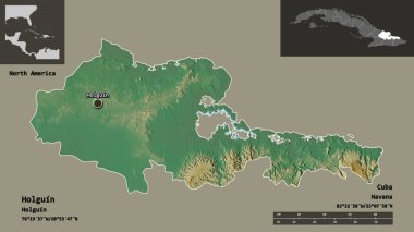 Holguin 'in şekli, Küba vilayeti ve başkenti. Uzaklık ölçeği, ön gösterimler ve etiketler. Topografik yardım haritası. 3B görüntüleme