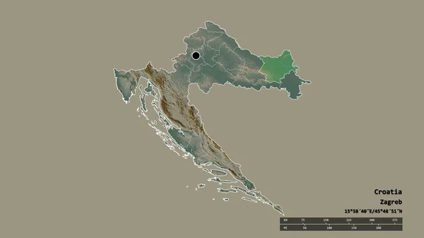 主要な地域部門と分離されたOsjecko Baranjskaエリアとクロアチアの荒廃した形 ラベル 地形図 3Dレンダリング — ストック写真