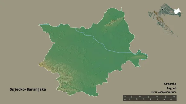 克罗地亚Osjecko Baranjska县的形状 其首都在坚实的背景下与世隔绝 距离尺度 区域预览和标签 地形浮雕图 3D渲染 — 图库照片