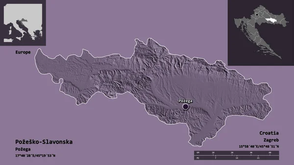 克罗地亚波茨科 斯拉夫斯卡县及其首府的形状 距离刻度 预览和标签 彩色高程图 3D渲染 — 图库照片