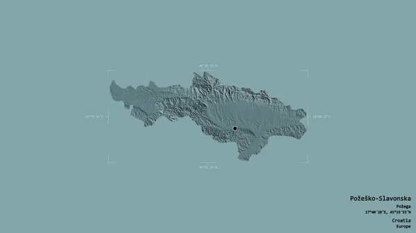 クロアチアの郡ポゼスコ スラヴォンスカ Pozesko Slavonska の地域は 地理的に参照された境界線の箱の中にしっかりとした背景に孤立している ラベル 色の標高マップ 3Dレンダリング — ストック写真