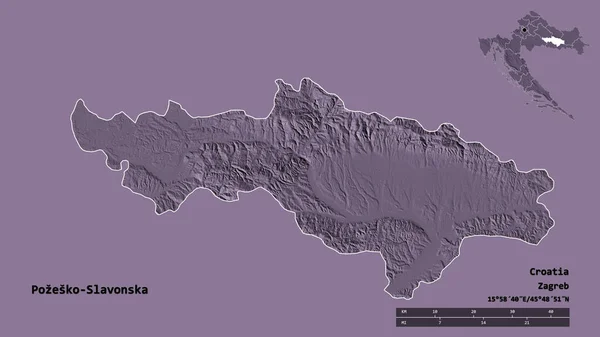 克罗地亚波茨科 斯拉夫斯卡县的形状 其首都在坚实的背景下与世隔绝 距离尺度 区域预览和标签 彩色高程图 3D渲染 — 图库照片
