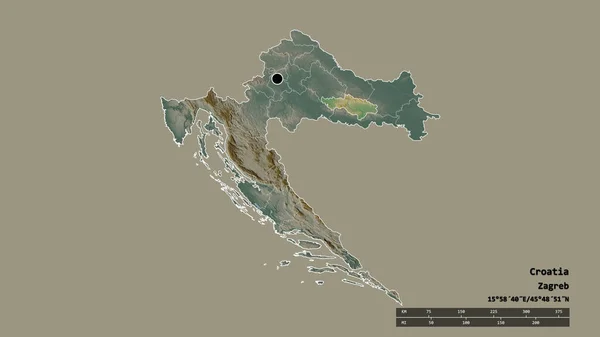 主要な地域部門と分離ポゼスコ スラヴォンスカ地域とクロアチアの荒廃した形 ラベル 地形図 3Dレンダリング — ストック写真