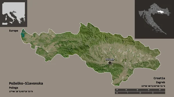 ポゼスコ スラヴォンスカの形 クロアチアの郡 距離スケール プレビューおよびラベル 衛星画像 3Dレンダリング — ストック写真