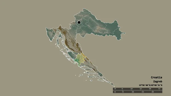 主要な地域部門と分離シベンコ クニンスカ地域とクロアチアの荒廃した形 ラベル 地形図 3Dレンダリング — ストック写真