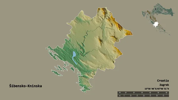 クロアチアの郡シベンコ クニンスカの形で その首都はしっかりとした背景に孤立している 距離スケール リージョンプレビュー およびラベル 地形図 3Dレンダリング — ストック写真