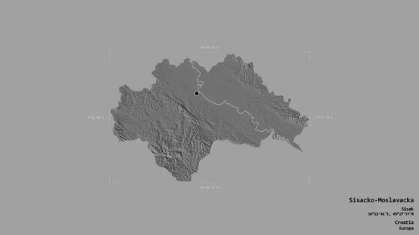 クロアチアの郡シサコ モスラヴァッカ 英語版 の地域は 洗練された境界線の箱の中にしっかりとした背景に孤立している ラベル 標高マップ 3Dレンダリング — ストック写真