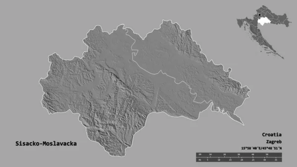 クロアチアの郡シサコ モスラバッカの形で その首都はしっかりとした背景に隔離されています 距離スケール リージョンプレビュー およびラベル 標高マップ 3Dレンダリング — ストック写真
