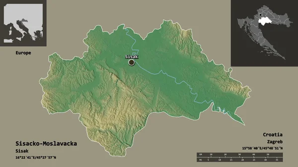 Hırvatistan Sisacko Moslavacka Ilçesi Başkenti Uzaklık Ölçeği Gösterimler Etiketler Topografik — Stok fotoğraf