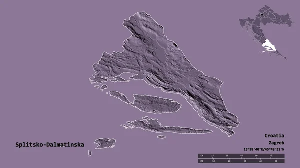 克罗地亚斯普利特科 达尔马廷斯卡县的形状 其首府在坚实的背景下与世隔绝 距离尺度 区域预览和标签 彩色高程图 3D渲染 — 图库照片