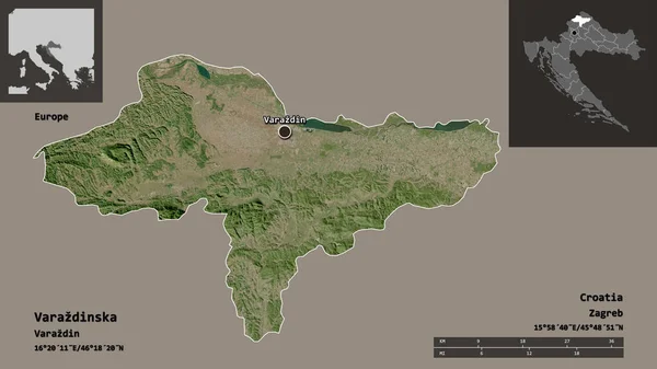 克罗地亚瓦拉兹丁斯卡县及其首府的形状 距离刻度 预览和标签 卫星图像 3D渲染 — 图库照片