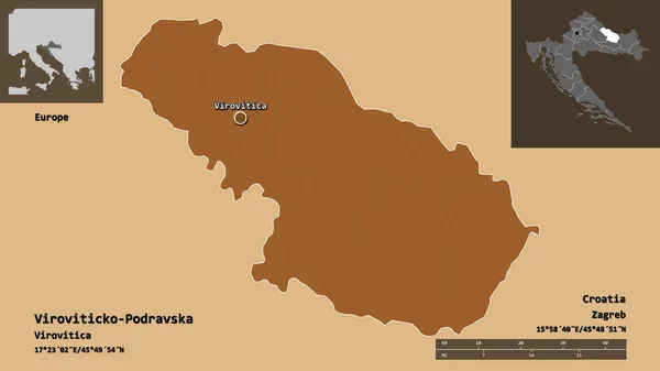 ヴィロヴィツコ ポドラフスカの形 クロアチアの郡とその首都 距離スケール プレビューおよびラベル パターン化されたテクスチャの構成 3Dレンダリング — ストック写真