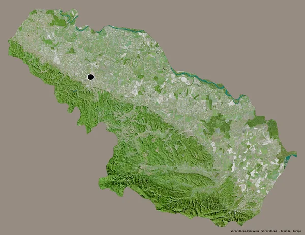 クロアチアの県であるヴィロヴィツコ ポドラフスカの形で その首都はしっかりとした色の背景に隔離されている 衛星画像 3Dレンダリング — ストック写真