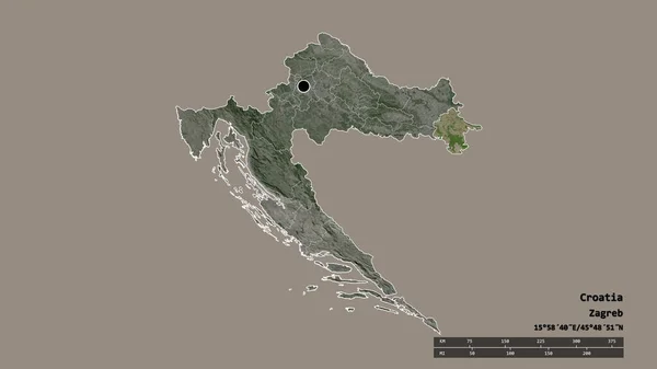 主要な地域部門と分離されたVukovarsko Srijemskaエリアとクロアチアの荒廃した形 ラベル 衛星画像 3Dレンダリング — ストック写真