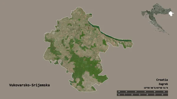 Vukovarsko Srijemska的形状 克罗地亚县 首府在坚实的背景上孤立 距离尺度 区域预览和标签 卫星图像 3D渲染 — 图库照片