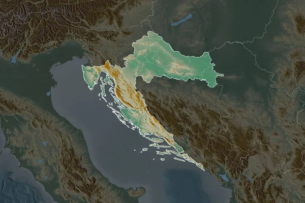 Hırvatistan Şekli Komşu Bölgelerin Doygunluğunun Azalmasıyla Ayrıldı Sınırlar Topografik Yardım — Stok fotoğraf