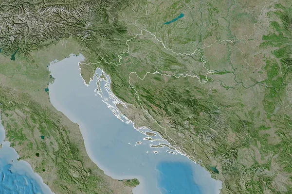 Rozszerzony Obszar Chorwacji Zarysem Kraju Granicami Międzynarodowymi Regionalnymi Zdjęcia Satelitarne — Zdjęcie stockowe