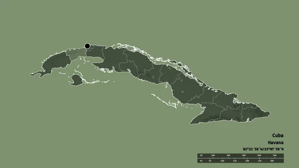主要な地域部門と分離されたアルテミサ地域とキューバの荒廃した形 ラベル 色の標高マップ 3Dレンダリング — ストック写真