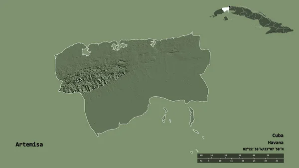 キューバ州アルテミサの形で その首都はしっかりとした背景に隔離されています 距離スケール リージョンプレビュー およびラベル 色の標高マップ 3Dレンダリング — ストック写真