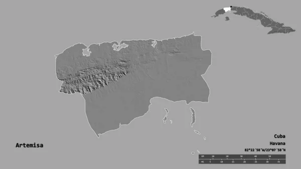 キューバ州アルテミサの形で その首都はしっかりとした背景に隔離されています 距離スケール リージョンプレビュー およびラベル 標高マップ 3Dレンダリング — ストック写真
