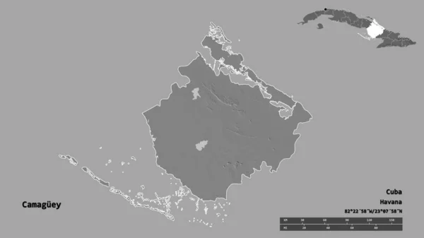 キューバの州 カマグエイの形は その首都をしっかりとした背景に隔離されています 距離スケール リージョンプレビュー およびラベル 標高マップ 3Dレンダリング — ストック写真