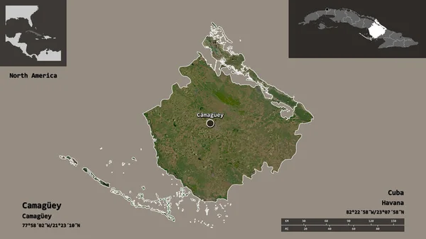 カマグエイの形 キューバの州 およびその首都 距離スケール プレビューおよびラベル 衛星画像 3Dレンダリング — ストック写真